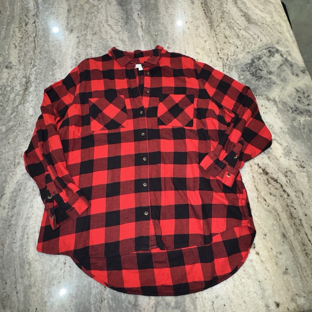 Dip Organic Cotton Women's‎ XL Buffalo Plaid Short Flannel Red Black Button Down